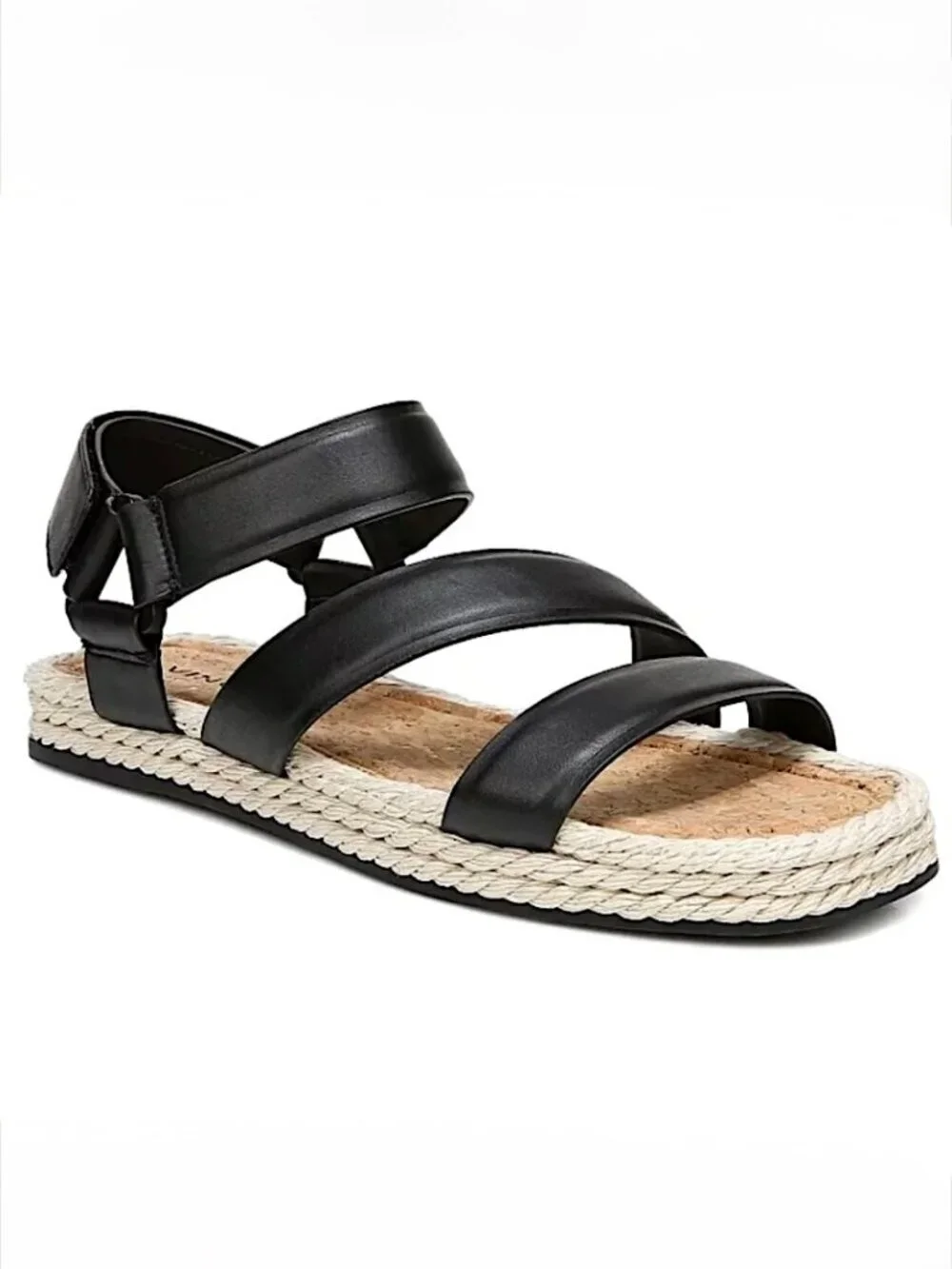 VINCE Elian Black Leather Strappy Platform Espadrille Rope Sandals